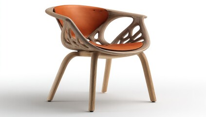 Modern wooden chair with orange leather