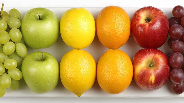 A vibrant arrangement of fresh fruits displays a spectrum of colors, from green apples to red apples, alongside yellow lemons and oranges, on a white platter.