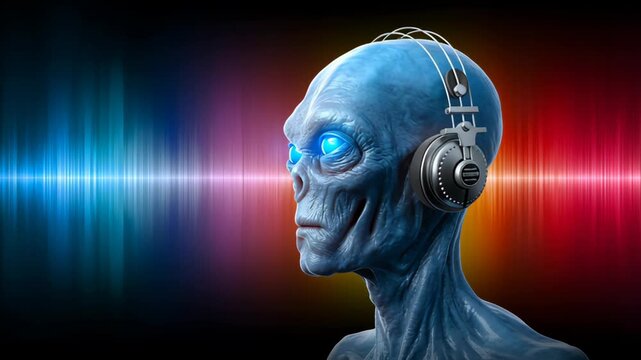 Alien figure with glowing blue eyes wearing headphones, immersed in sound waves, showcasing a captivating auditory experience, with vibrant colors and dynamic lighting enhancing the futuristic atmosph
