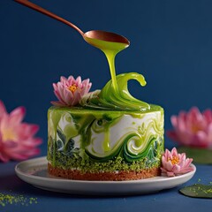 Gourmet cake with green glaze and lilies