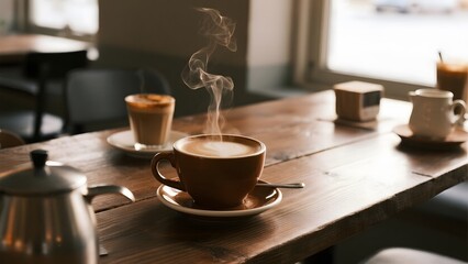 Steaming coffee cup on a wooden table in a cozy caf�� setting