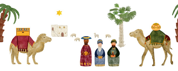 Three Wise Men with camels, palm trees, Bethlehem house, and star. Watercolor illustration. Nativity Christmas border with oriental scene, perfect for festive cards, invitations, holiday decor