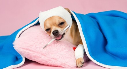Poor chihuahua dog with bandage on head and thermometer in mouth needs get well soon wishes for recovery and lots of love