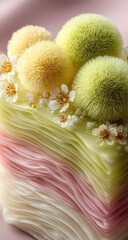 Layered pastel confection, adorned with pom-poms and flowers