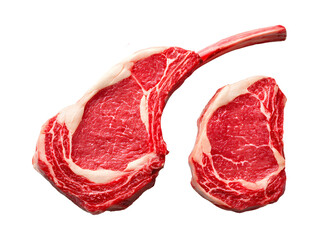 A comparison of a bone-in Tomahawk (Cowboy) steak and a classic boneless ribeye. Both from the same cut, showing options for the perfect grill.