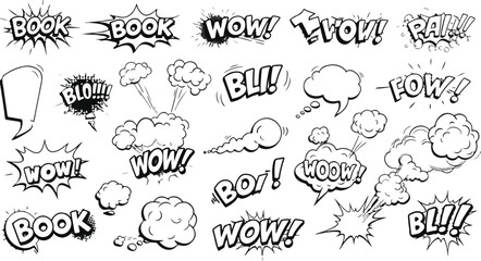 Assortment of Comic Book Sound Effects Speech Bubbles and Explosions vector illustration