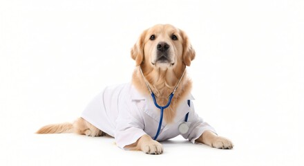 Adorable golden retriever dressed as a veterinarian with stethoscope looking at camera ready for your pet health campaign