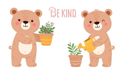 Two cute teddy bears tending plants