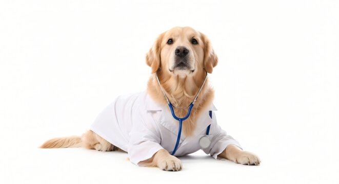 Adorable golden retriever dressed as a veterinarian with stethoscope looking at camera ready for your pet health campaign - Powered by Adobe