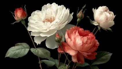 Vintage roses in creams and peach, buds, dark background