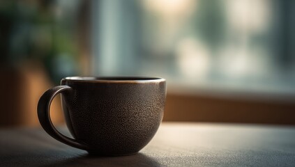 Obraz premium Dark-hued mug of coffee, soft focus
