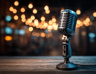 Vintage microphone on wooden table, blurred background of warm lights