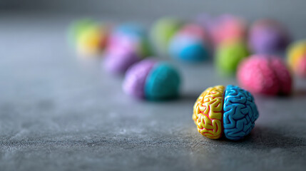 Colorful brain-shaped stress balls scattered on a textured surface in a playful arrangement