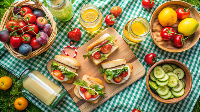 overhead shot of picnic blanket with sandwiches - Powered by Adobe