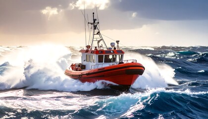 Red rescue boat navigating choppy seas