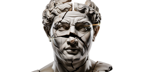 Ancient Broken Statue of a Man with Cracked Face and Golden Eyes, Transparent background