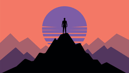 Silhouette of a Man on Mountain Peak against Retro Sunset Background Achieving Success and Overcoming Challenges