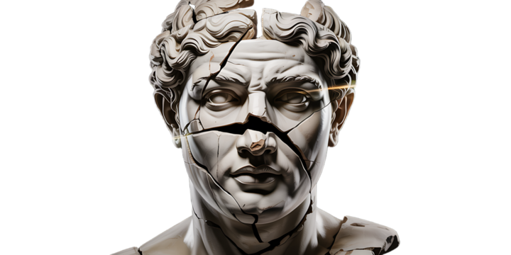Ancient Broken Statue of a Man with Cracked Face and Golden Eyes, Transparent background