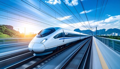 Fototapeta premium High-speed train gliding through a landscape at sunrise