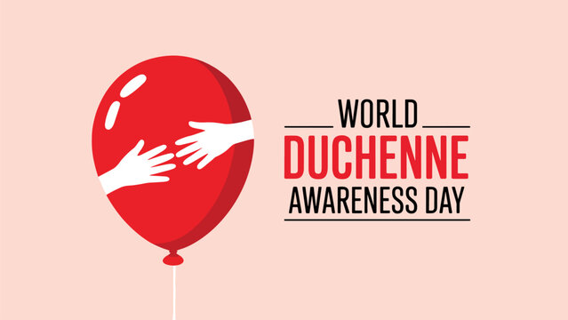World Duchenne Awareness Day illustration with red balloon and reaching hands in support and solidarity - Powered by Adobe