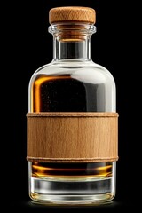 Clear glass bottle with wooden band, amber liquid