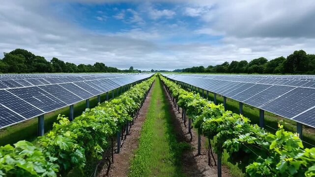 Solar panels arranged in long rows over a vineyard, with grapevines growing between the rows.