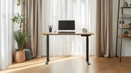 minimal home office with standing desk, wood floor, light curtains, laptop centered
