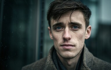 Fototapeta premium cinematic photography, a close-up shot of david shieldman from the tv show the black bauer. he is standing in front of an office building and looks sad into the camera.