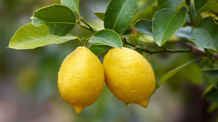 雨上がりのような葉に実った新鮮な２つのレモン