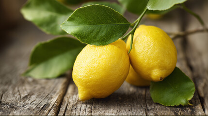 古風な木製のテーブルに置かれた新鮮な葉付きのレモン