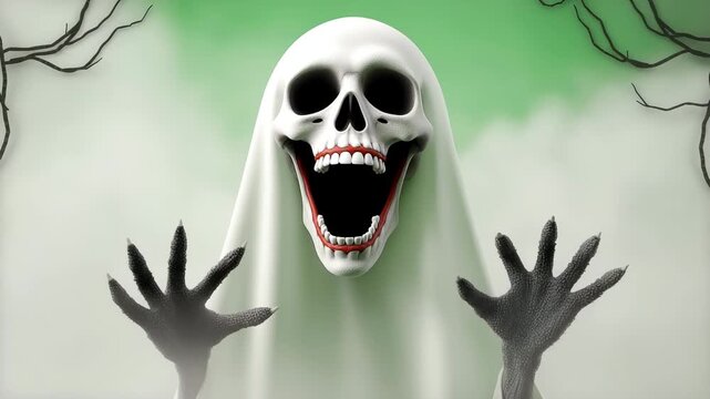 Animated 3d ghost floating against green screen for halloween content creation, 4K Video
