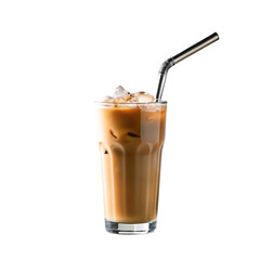 Refreshing iced coffee drink with metal straw and ice cubes isolated transparent background