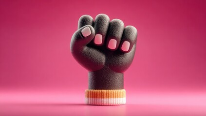Black fist, raised high, with a warm-colored knitted wristband, on a vibrant pink background