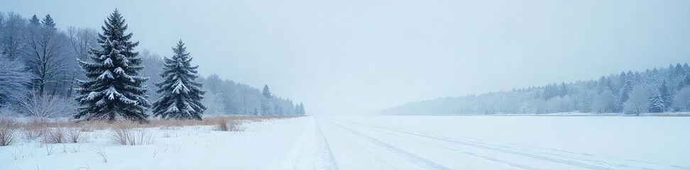 Obraz premium A bleak winter landscape stretches out under a grey sky, snow dusted trees and frozen ground hinting at the cold Perfect for winter, nature, or seasonal themes , trees, peaceful