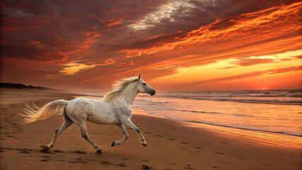 A wild black horse stallion silhouette at sunset on a sandy beach