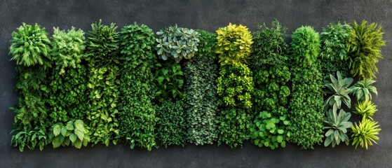 Variety of lush green plants arranged vertically on a dark textured background creating a vibrant living wall garden.