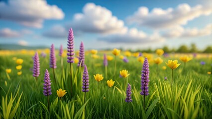 Rare flower species in field glow under warm sun with gentle breeze, purple lupine and yellow buttercup scatter across green meadow feel serene