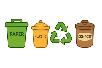 A Colorful Recycling Guide Illustrating Various Types of Waste Bins for Sorting Paper, Plastic, and Compost Alongside a Recycling Symbol isolated on white or transparent png