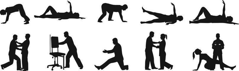 Physiotherapy exercise silhouette, patient rehabilitation, physical therapy training, healthcare recovery, doctor assistance, medical treatment, stretching therapy, rehabilitation session, hospital 