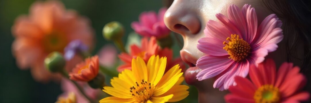 A close-up shot of a nose inhaling the aroma from a bouquet of diverse flowers, highlighting the concept of scent selectivity , identification, detection