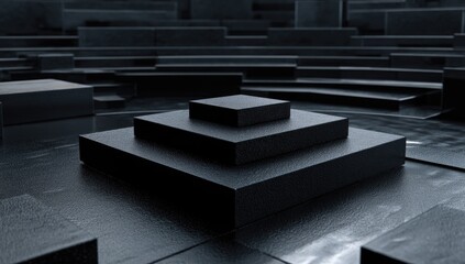 Dark, geometric shapes form a tiered platform