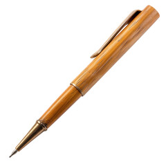Naklejka premium A close-up of a wooden pen. The pen is light brown with wood grain patterns. A metal band is visible near the tip and cap