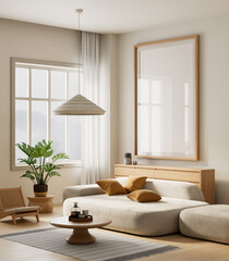 Modern minimalist interior living room with soft neutral design. 3D illustration