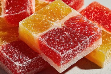 Citrus fruit cubes, sugared, stacked