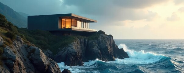 A dramatic, modern house perched on a cliff overlooking a stormy sea  The architecture is sharp, angular, and imposing against the turbulent backdrop ,  architecture,  design,  concrete