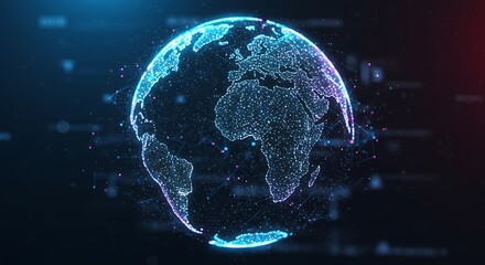 Three-dimensional rendering of a digital Earth hologram, representing global network connections, futuristic technology, and big data