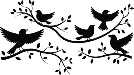 Silhouette birds on tree branches with leaves flying and perching nature scene, perfect for decorative wall art or vector design
