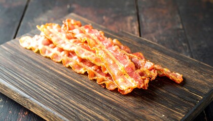 Crispy bacon slices on a wooden board