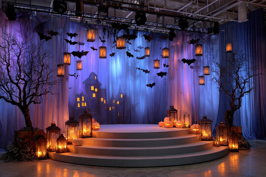 Round pedestal stage with halloween theme flying paper bats, illuminated paper castle, lanterns, and pumpkins creating a spooky atmosphere for product presentation