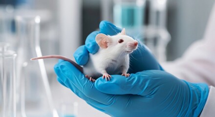 Gentle hands holding a white mouse in a lab setting for medical research and pharmaceutical development in a modern laboratory